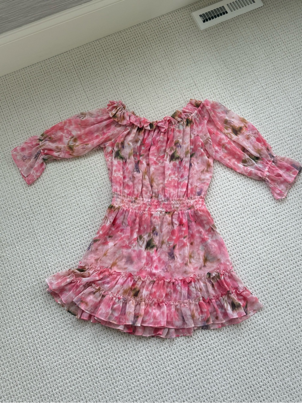 Pink Floral Off-Shoulder Ruffle Dress